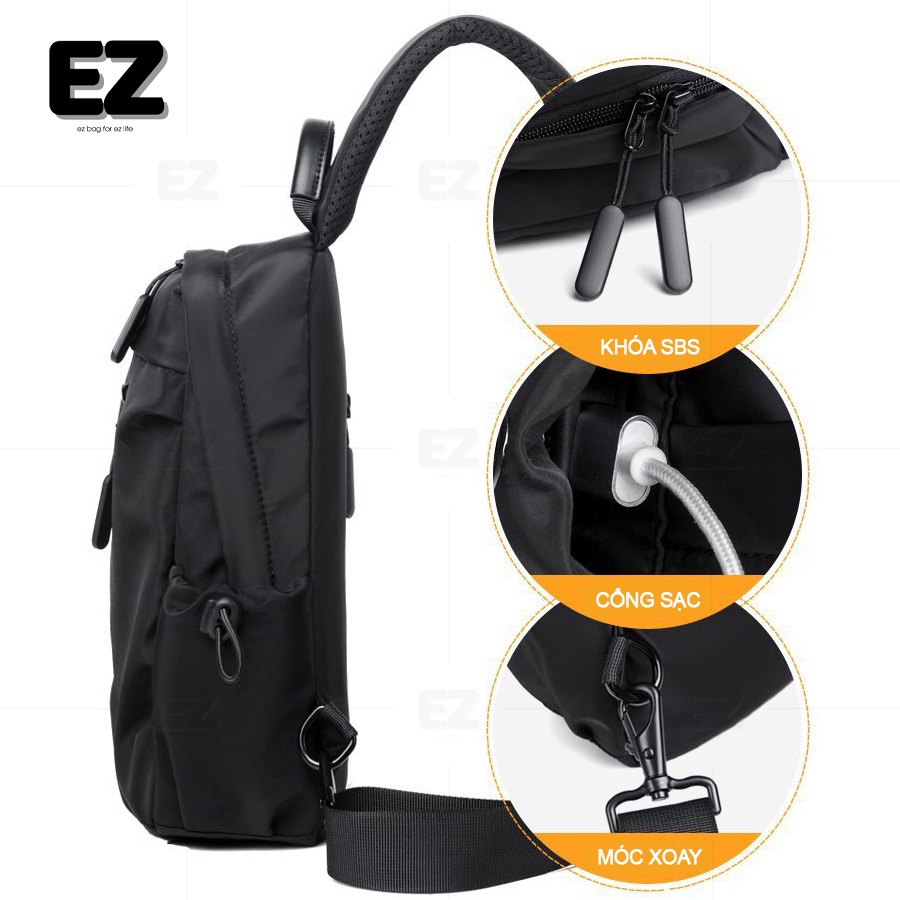 Túi đeo chéo nam phong cách TC07 vải Oxford chống nước, Cặp đeo chéo có cổng sạc USB kích thước lớn