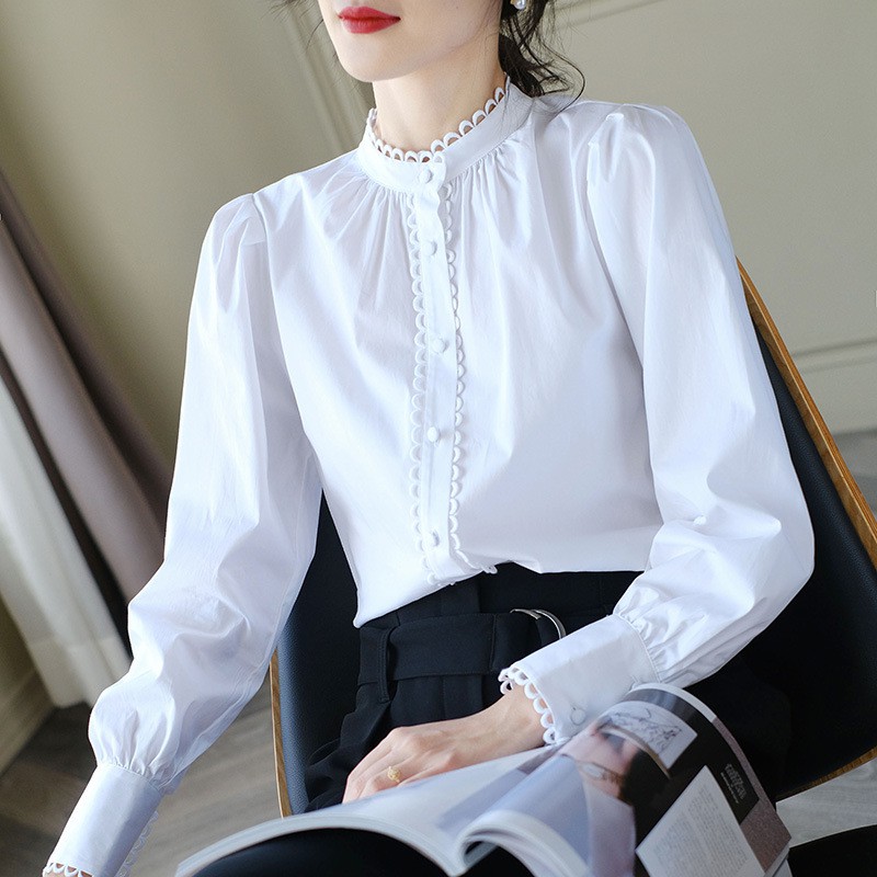 Áo sơ mi trắng nữ cổ tàu viền ren tròn form rộng phong cách Hàn Quốc chất liệu thô đũi mềm mại - đủ size SML
