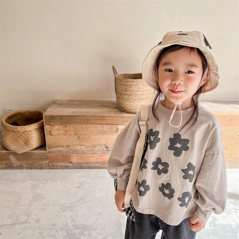 [Hàng Mới Về] Áo Thun Cotton Mỏng Tay Dài Thoải Mái In Chữ Và Hoa Lớn Dễ Thương Phong Cách Hàn Quốc Cho Bé Gái