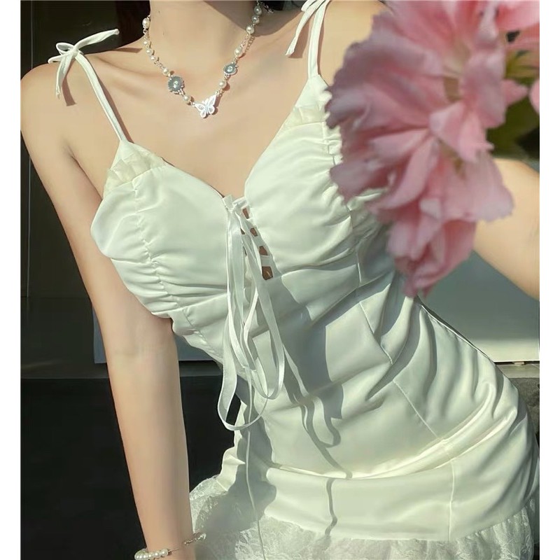 SẴN HÀNG🎀Đầm trắng hai dây ôm body trắng thắt nơ ngực đuôi cá phối ren dễ thương| Váy bánh bèo ulzzang có mút ngực | BigBuy360 - bigbuy360.vn