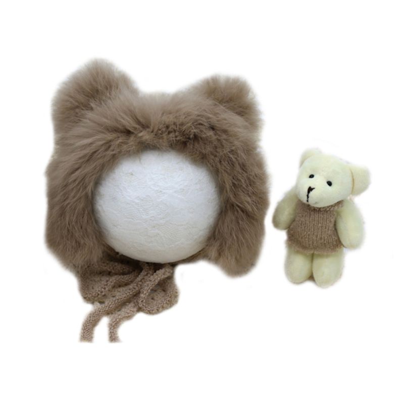 Bộ 2 Món Đồ Chơi Gấu Bông Đội Mũ Len Đan Dễ Thương Dùng Làm Đạo Cụ Chụp Ảnh Cho Bé Sơ