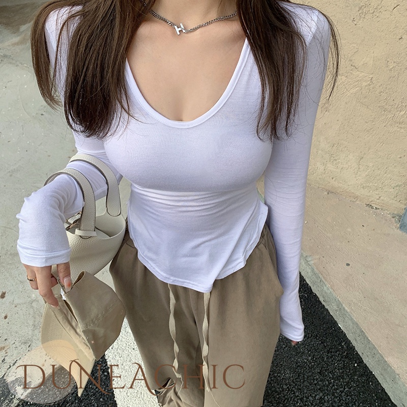 DUNEA Áo Thun Tay Dài Màu Xanh Lá Thiết Kế Bất Đối Xứng Thời Trang Cho Nữ