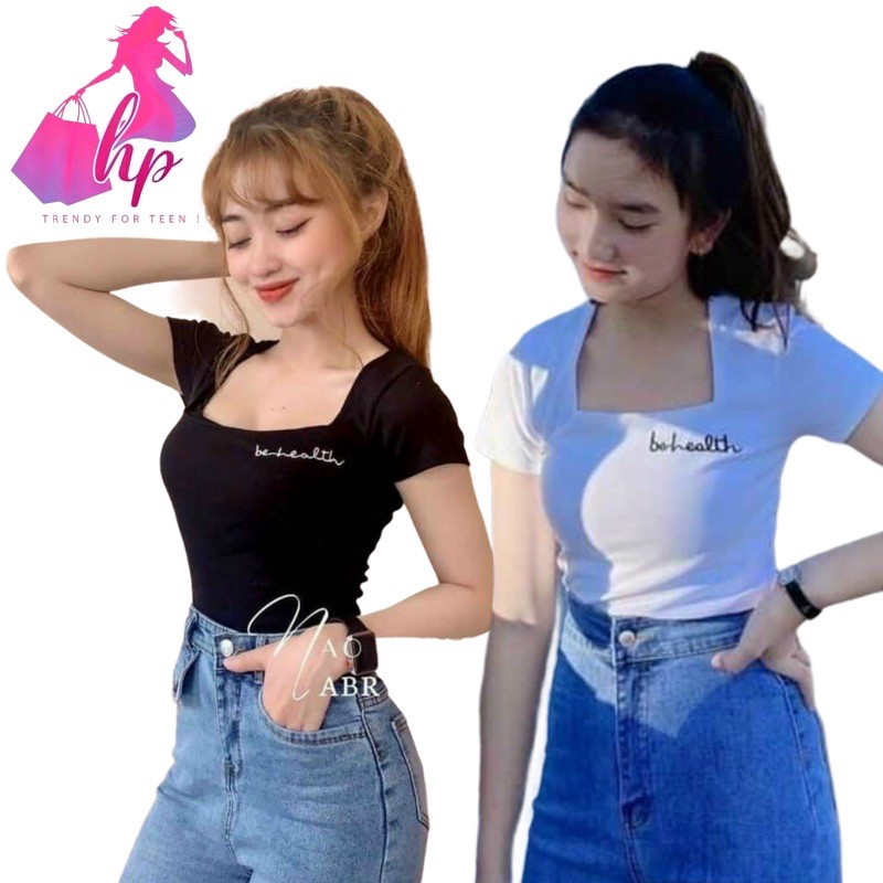 Áo kiểu croptop nữ đẹp ôm body tay ngắn cổ Vuông thêu chữ cực dễ thương mẫu mới thời trang 2021