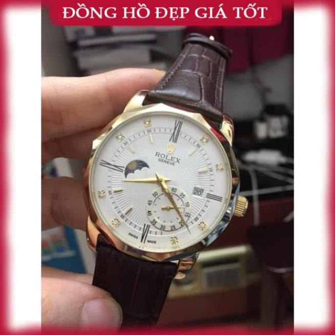 Đồng hồ cho Nam Ro-lex 6kim trăng sao size 40-41 vành trám cạnh vỏ vàng ta dây da WACH