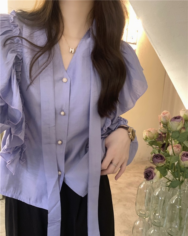 Áo Sơ Mi Dài Tay Cổ Chữ V Phong Cách Pháp 56013