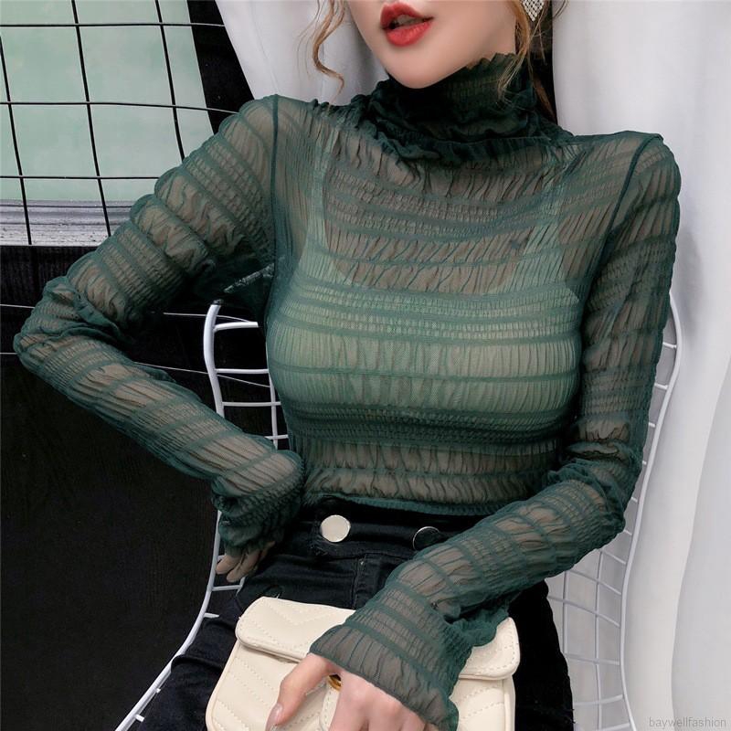 Áo sơ mi tay dài dáng ôm cổ cao chất lưới phong cách Hàn Quốc quyến rũ cho nữ