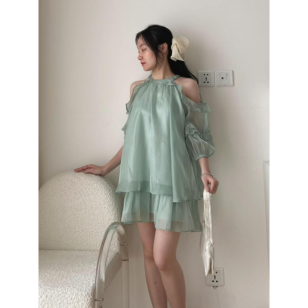 Váy Trễ Vai Dài Tay Chất Tơ Thời Trang Nữ Phong Cách Hàn Quốc. Đầm Dáng babydoll cổ yếm chất tơ hàn dài tay