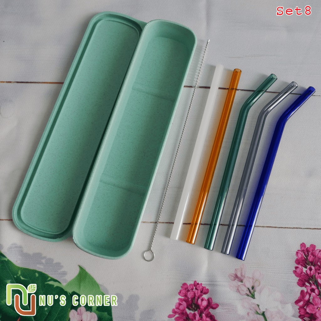 SET 8 - 5 ống thủy tinh nhiều màu (3 ống cong + 2 ống thẳng) + 1 cọ cứng + 1 hộp PP