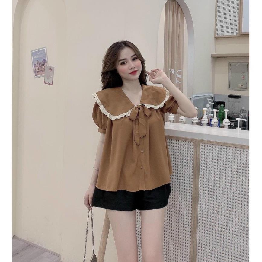 TBO-Sét bộ đũi áo babydoll cổ bèo cột nơ và quần đen ngắn