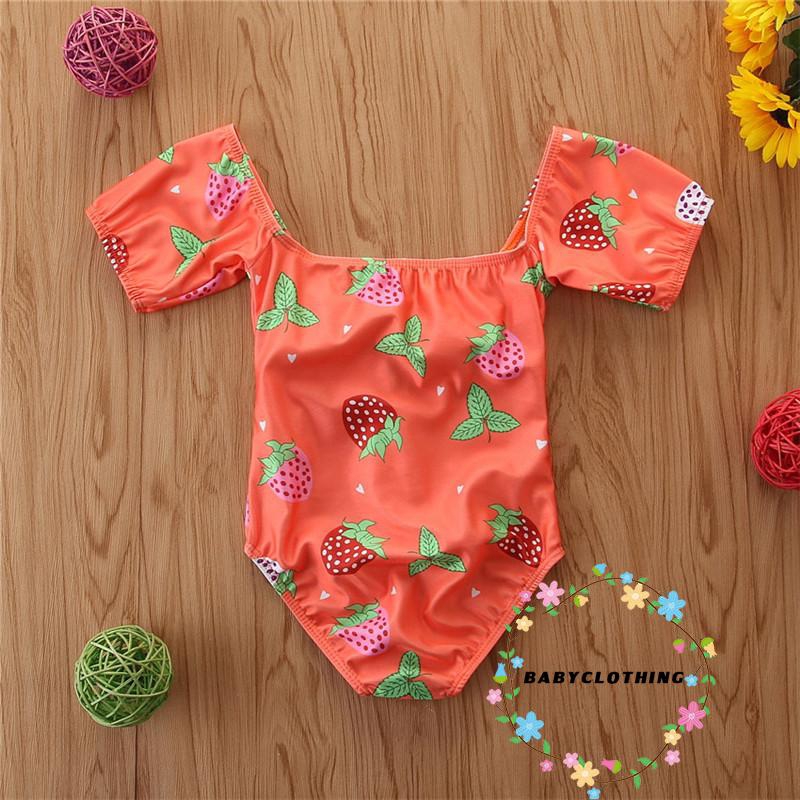 ღWSVღBaby Girl Strawberry Print One-Piece Toddler Swimsuit Short Sleeve Bow Hollow Swimsuit