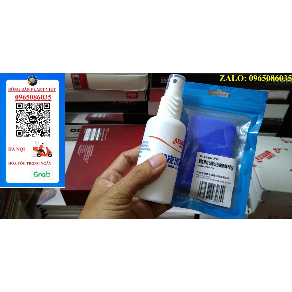 Dung dịch vệ sinh mặt vợt DHS, mút lau mặt vợt E-lian xanh, đỏ chuyên dụng cho các loại mặt tàu