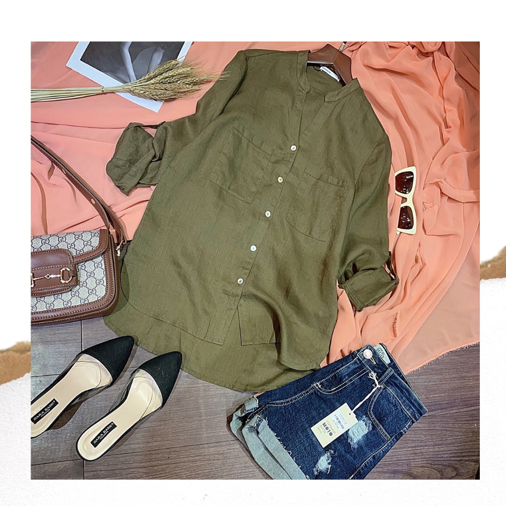 Áo sơ mi olive linen thiết kế Lalastyle