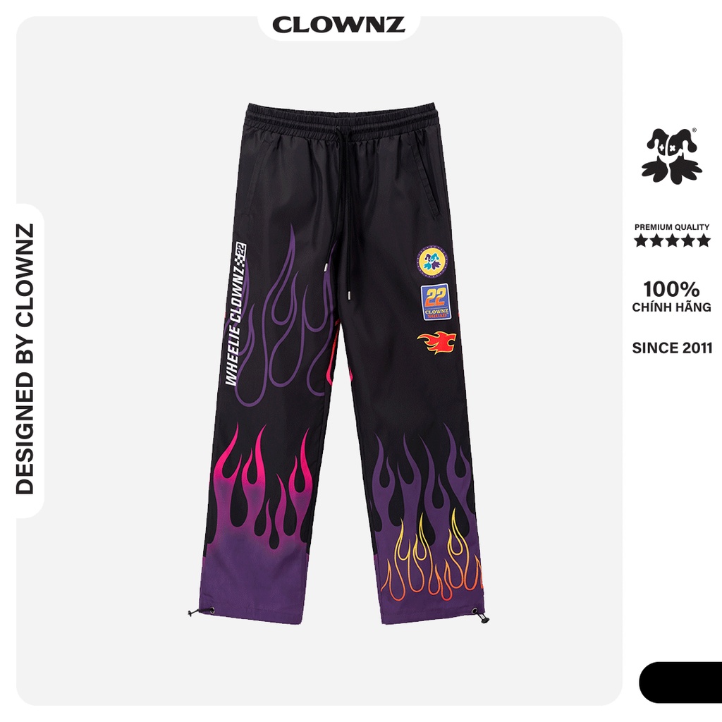 Quần gió cạp chun local brand unisex Clownz Racing Flames Wind form rộng