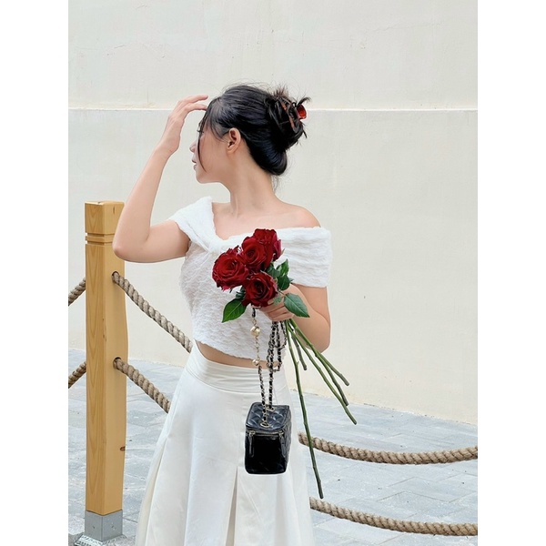 Chân váy dài Lalin- xếp ly dáng dài trắng đen