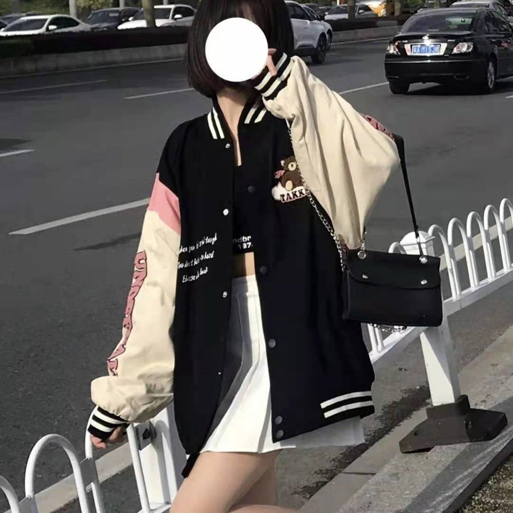 Áo Khoác Bóng Chày In Hình Gấu Màu Sắc Phong Cách Harajuku Hàn Quốc