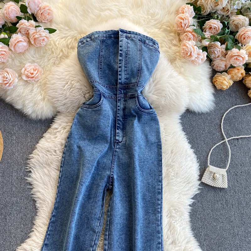 Jumpsuit, đồ bay jean dài ống rộng cúp ngực, siêu sang