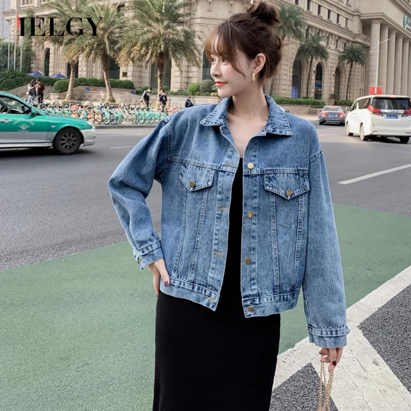 Áo khoác denim IELGY dáng ngắn rộng phong cách Hàn Quốc thời trang cho nữ
