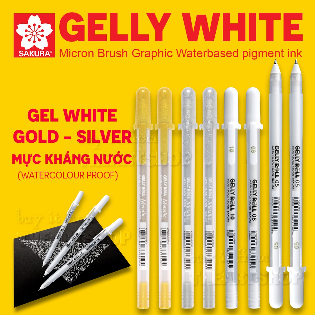 Bút SAKURA Gelly Roll - Gel Trắng 0.5|0.8|1.0, (Nhũ Vàng, nhũ Bạc)