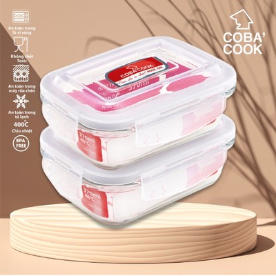 Bộ 2 Hộp Thủy Tinh COBACOOK Chịu Nhiệt Hình Chữ Nhật 370ml -CCL32