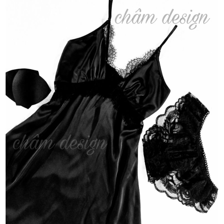 váy ngủ lụa satin đen dáng dài pha ren chân ngực sexy buộc nơ sau.Hàng thiết kế độc quyền.