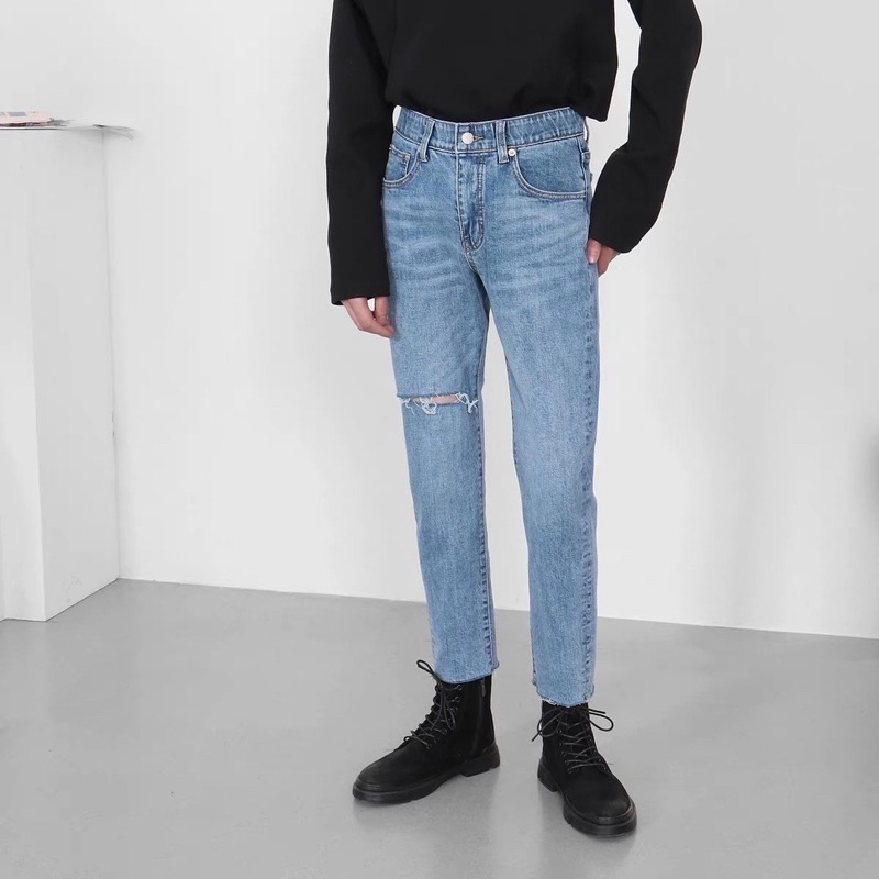 QUẦN JEANS SKINNY CO DÃN RÁCH GỐI 1 BÊN FORM UNISEX NAM NỮ (kèm ảnh thật)