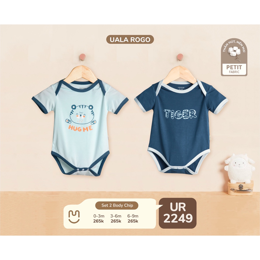Set 2 body chip Uala Rogo chất vải Petit cao cấp mềm mịn thoáng mát ngắn tay in hổ tiger cho bé trai bé gái sơ sinh 2249