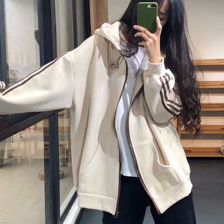 Áo khoác nam nữ thể thao ulzzang 3 sọc màu be🌸 Áo sweater hoodie nỉ bông kiểu dáng thể thao form rộng unisex K33 | BigBuy360 - bigbuy360.vn