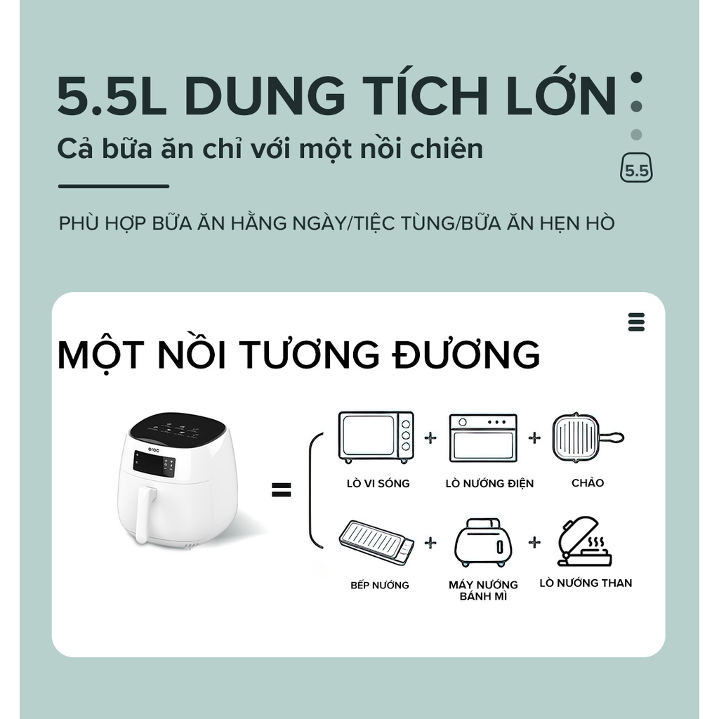 [Mã ELHADEV giảm 4% đơn 300K] Nồi Chiên Không Dầu [1 Đổi 1] Eroc V-D1 Chống Dính 5.5L [Màn Hình Cảm Ứng] Bảo Hành 1 Năm