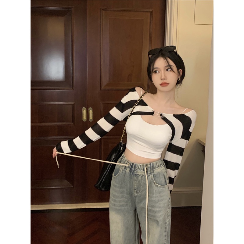 Áo khoác cardigan ZHELIHANGFEI dệt kim tay dài chống nắng họa tiết kẻ sọc thời trang quyến rũ