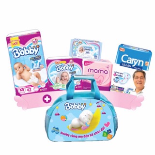Combo Mẹ đi sinh: Miếng lót Bobby 1-28,tã dán Bobby XS42, khăn ướt Bobby 100m, BVS Mama 12m, tã dán Caryn 3m, túi mẹ bé