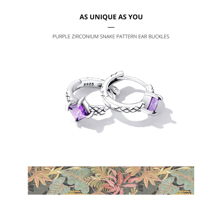 Đôi khuyên tai BAMOER bạc 925 thiết kế da rắn đính đá zircon màu tím thời trang dành cho nữ