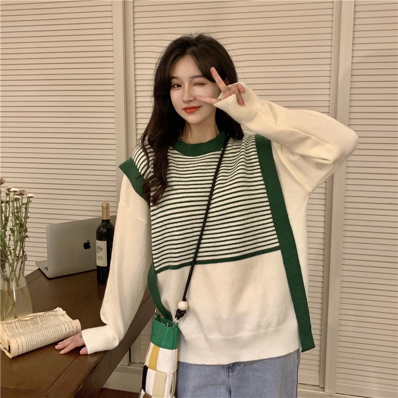 QADCOL Áo sweater dệt kim dáng rộng phong cách Hàn Quốc