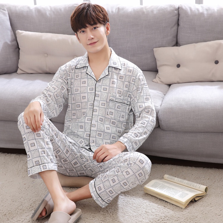Bộ đồ ngủ cotton dệt kim tay dài phong cách mới dành cho nam trung niên