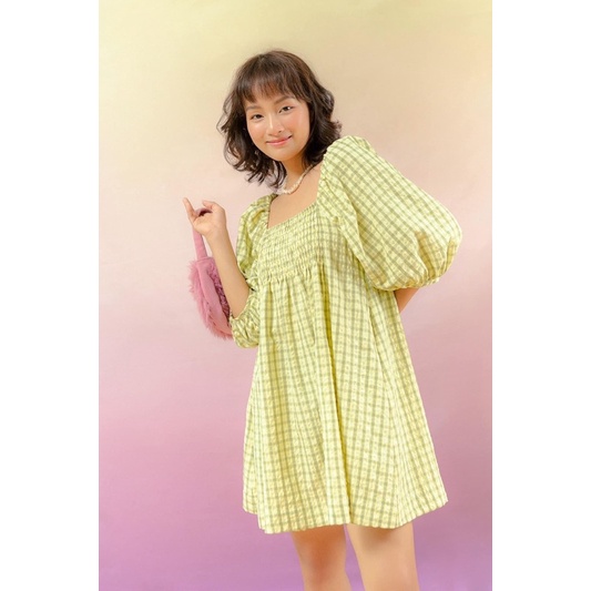 ĐẦM NGẮN GREEN DRESS tone caro xanh thiết kế form babydoll bo chun co giãn style trẻ trung năng động hàn quốc ullzang