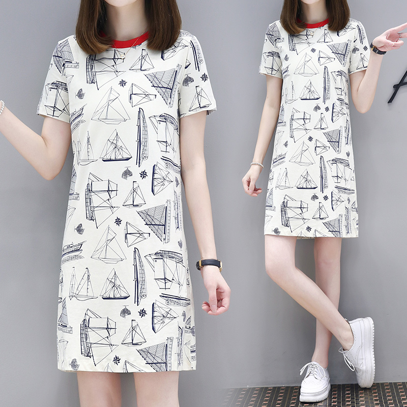 Europe station 2021 summer new loose show thin short sleeve dress, women's fashion straight T-shirt skirt