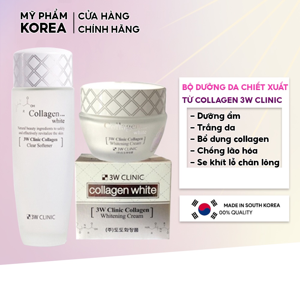 Set dưỡng trắng da dưỡng ẩm chiết xuất từ Collagen 3W Clinic Hàn Quốc giúp da mềm mại trắng sáng [Nước hoa hồng+ kem]