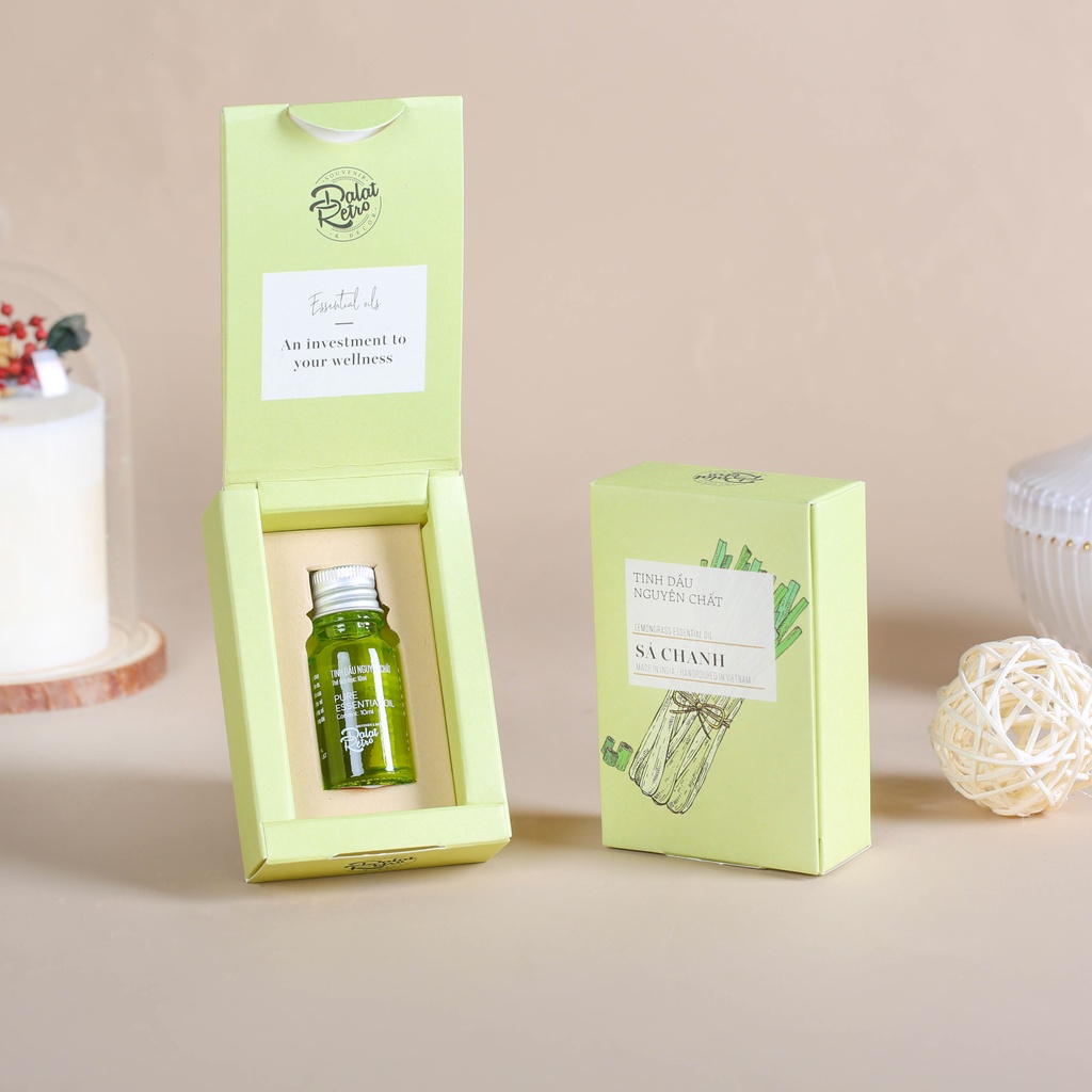 Tinh dầu nguyên chất, mẫu minimal, 10ml, sả chanh lemongrass, hộp, Dalat Retro