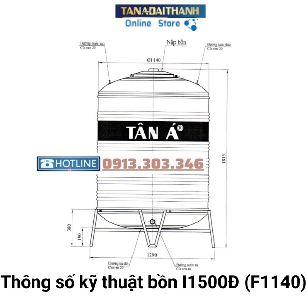 Bồn Nước Inox Tân Á 8 Cao cấp Đứng 1500L (F1140), bảo hành 15 năm, Tân Á Đại Thành online