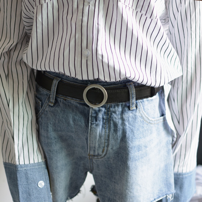 Thắt Lưng Da Phối Khóa Kim Loại Tròn Phong Cách Vintage Cho Nữ
