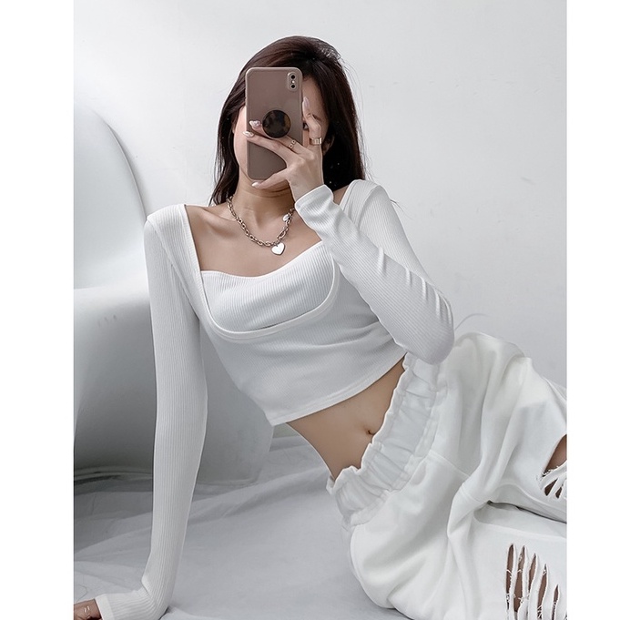【Cocory】Áo croptop dệt kim form ôm tay dài trẻ trung hợp thời trang cho nữ