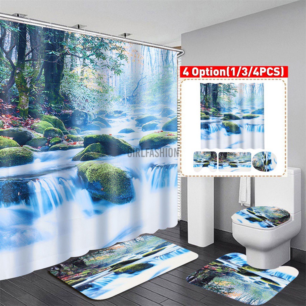 Curtain Set Bathroom Shower Toilet Seat Bath Mats Rugs Non-Slip Waterproof