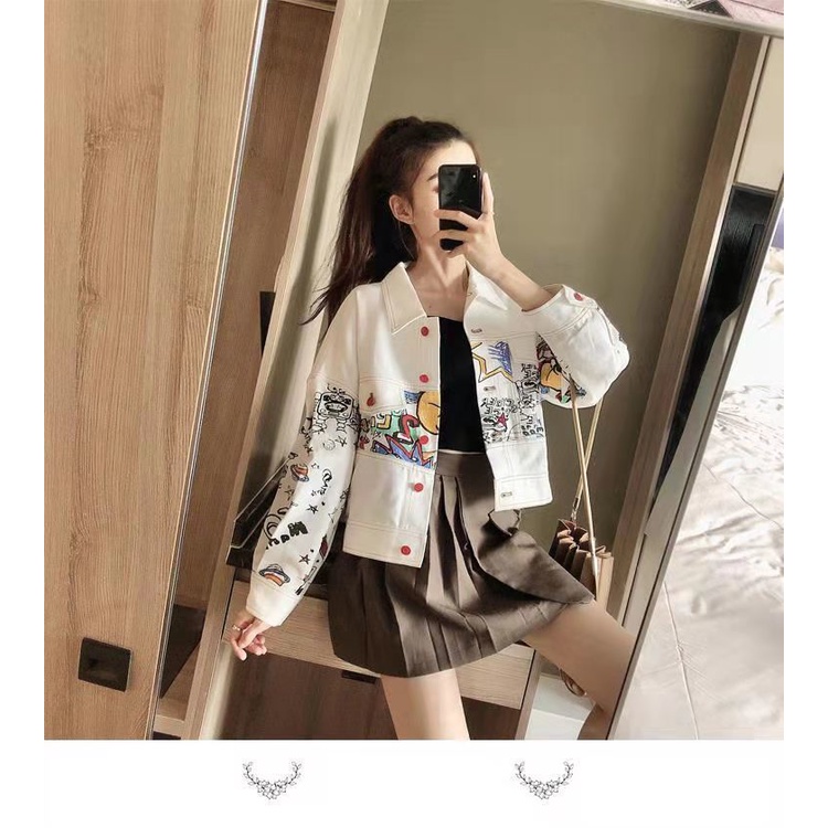 Áo Khoác Denim Tay Dài Dáng Rộng In Họa Tiết Graffiti Phong Cách Hàn Quốc Thời Trang Cho Nữ
