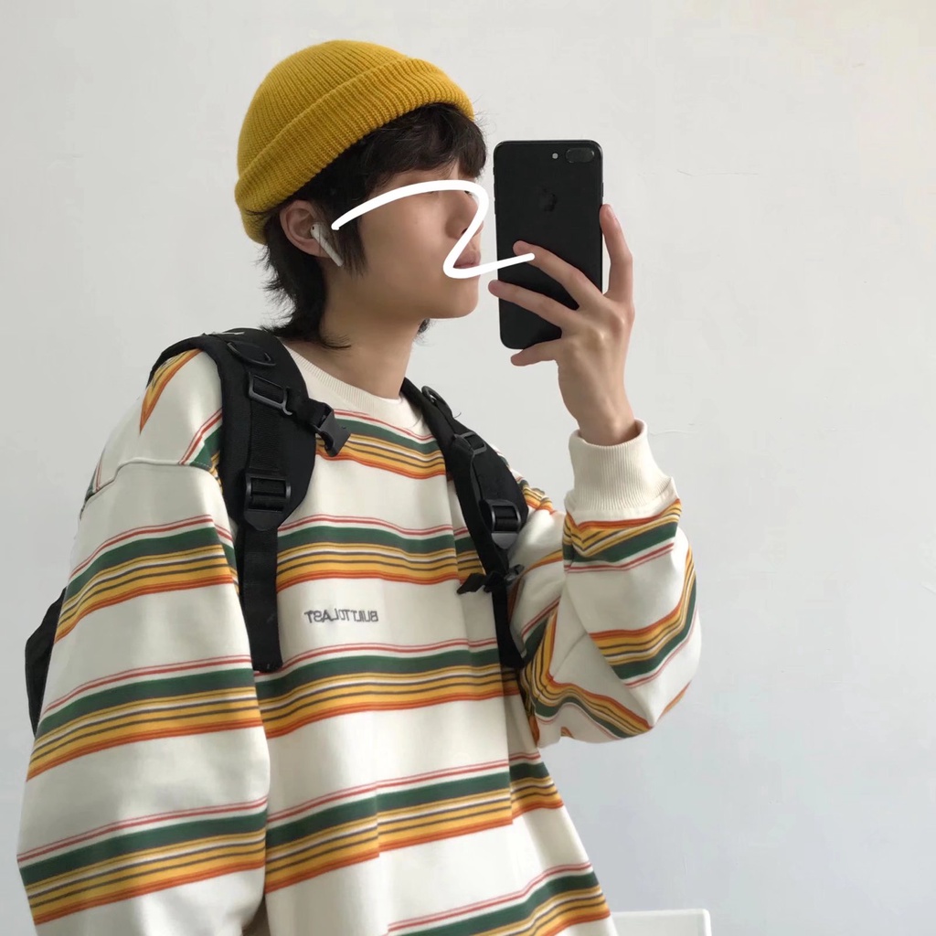 Áo Sweater tay dài dáng rộng họa tiết kẻ sọc phong cách vintage Hàn Quốc thời trang cho nam