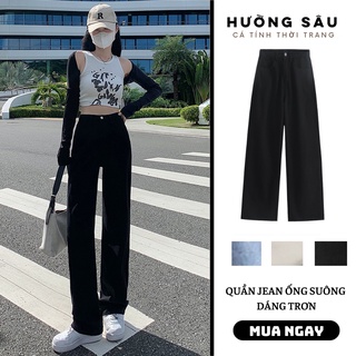 Quần ống rộng dáng suông lưng cao, quần bò dày dặn dáng trơn cạp cao tôn dáng màu xanh đậm - xanh nhạt - đen