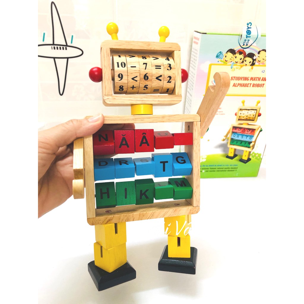 Bộ robot học toán phép tính và chữ cái tiếng việt | Đồ chơi người máy robo gỗ Việt Nam