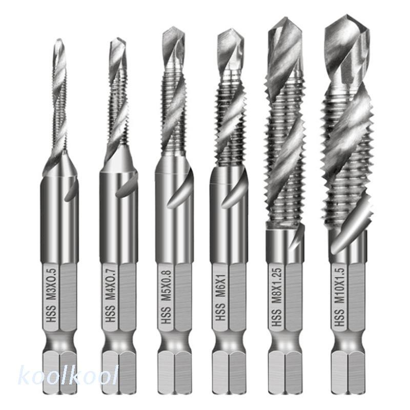 kool  6pcs M3-M10 Screw Tap Drill Bits HSS Taps Countersink Deburr Set Metric Hex