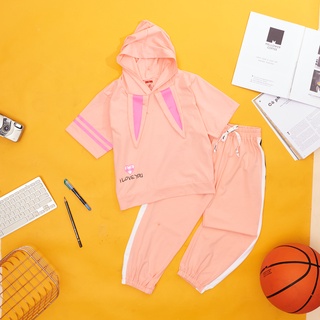 Bộ quần dài áo hoddie tay ngắn nón thỏ thun cotton 100% 4 chiều dành cho bé gái từ 15 kg - 43 kg