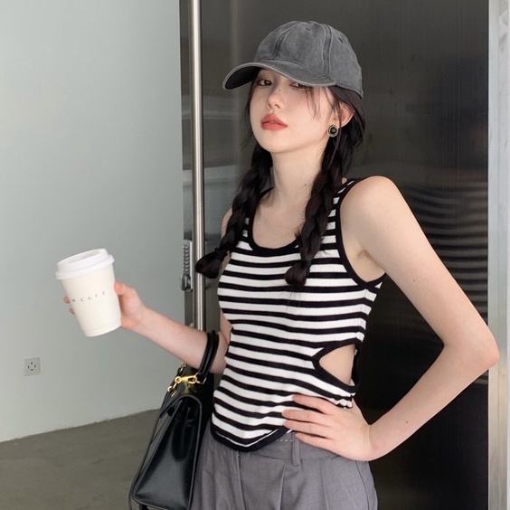 Áo ZHELIHANGFEI dệt kim không tay họa tiết kẻ sọc cho nữ