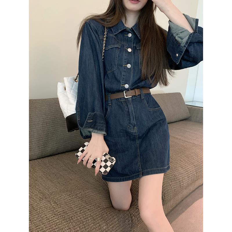 Đầm sơ mi denim dài tay phong cách Retro xinh xắn cho nữ