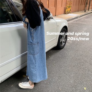 (HÀNG SẴN) Váy yếm denim dáng suông dài 3 túi style vintage Hàn Quốc trẻ trung đáng yêu (NEW ARRIVALS)